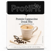 ProtiFit front packaging showing box of seven decaf cappuccino packets and benefits