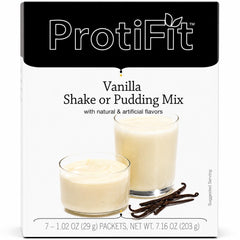 ProtiFit front box showing 7 serving packets and vanilla branding for convenience