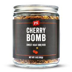 PS Seasoning front jar view showing bold cherry label and easy-grip lid, highlights convenience