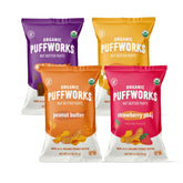 Puffworks front packaging showing variety pack and organic badge for trust