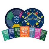 Pukka front packaging showing 90-count sampler and elegant gift box benefit clarity