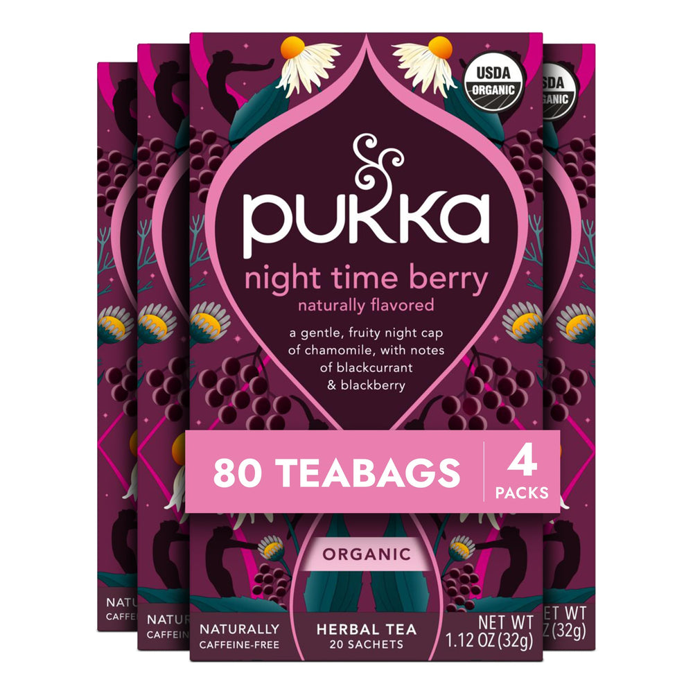 Pukka front packaging showing organic night time berry and benefits