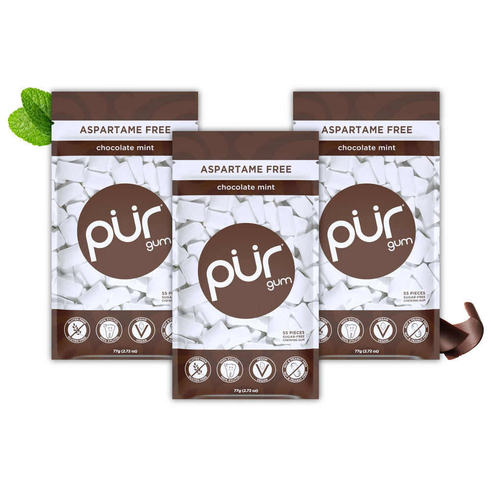 PUR Gum front packaging showing chocolate mint and resealable bag benefit