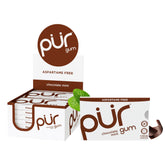 PUR Gum chocolate mint front packaging showing blister cards and branding for travel convenience