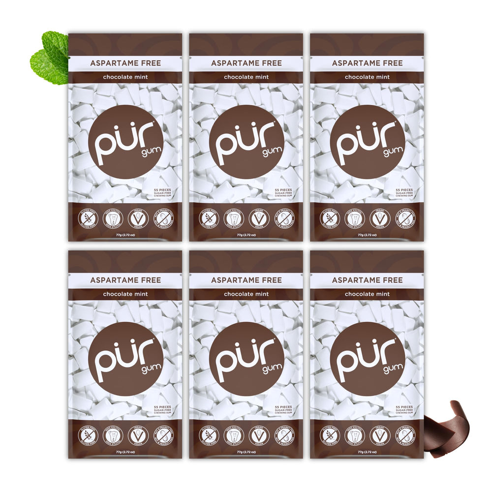 PUR Gum front packaging showing chocolate mint resealable bag and brand