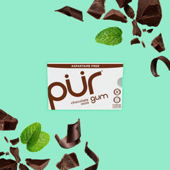 PUR Gum chocolate mint single piece texture close-up showing smooth chewable surface and flavor appeal