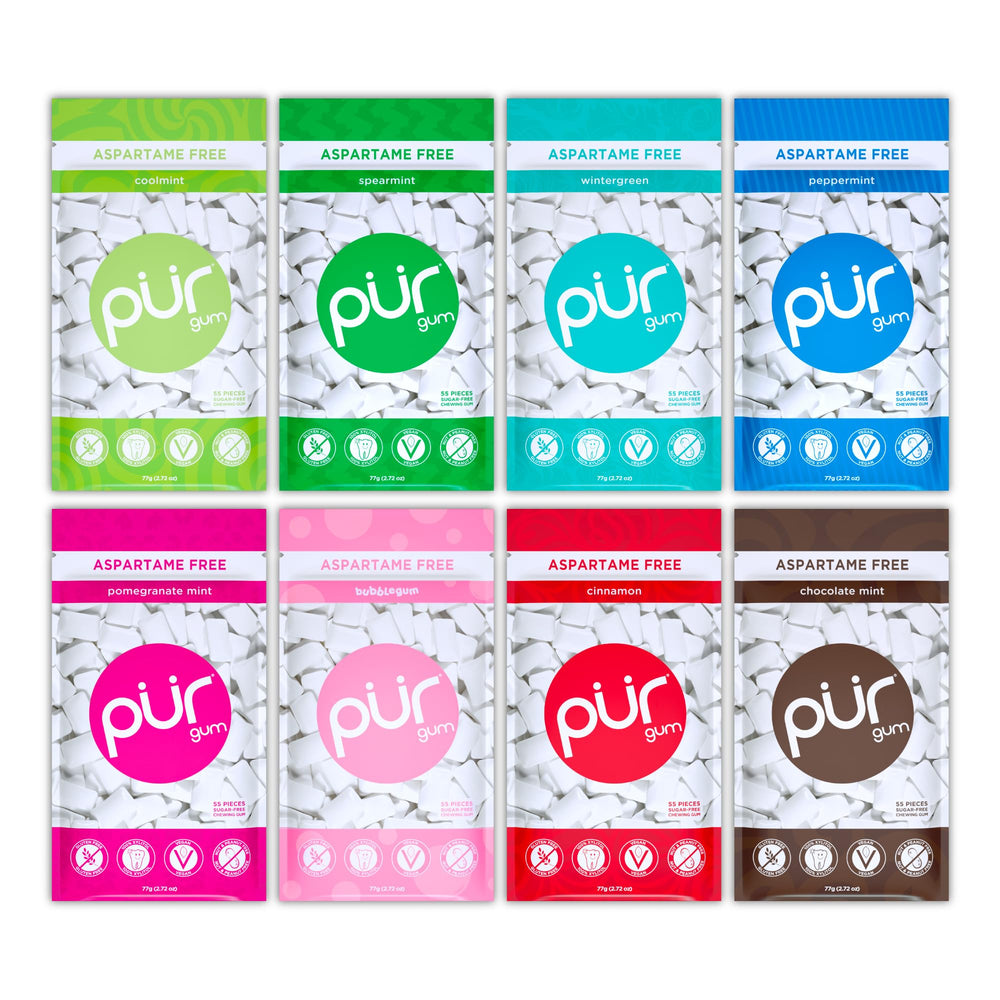 PUR Gum front packaging showing all eight flavors and resealable bags for convenience