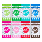 PUR Gum front packaging showing all eight flavors and resealable bags for convenience