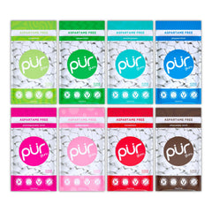 PUR Gum front packaging showing all eight flavors and resealable bags for convenience