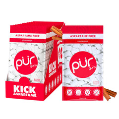 PUR Gum front packaging showing cinnamon branding and bulk count benefits