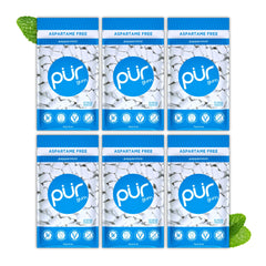 PUR Gum front packaging showing 6 resealable peppermint bags and benefits