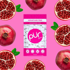 PUR Gum close-up of single pomegranate mint piece highlighting texture