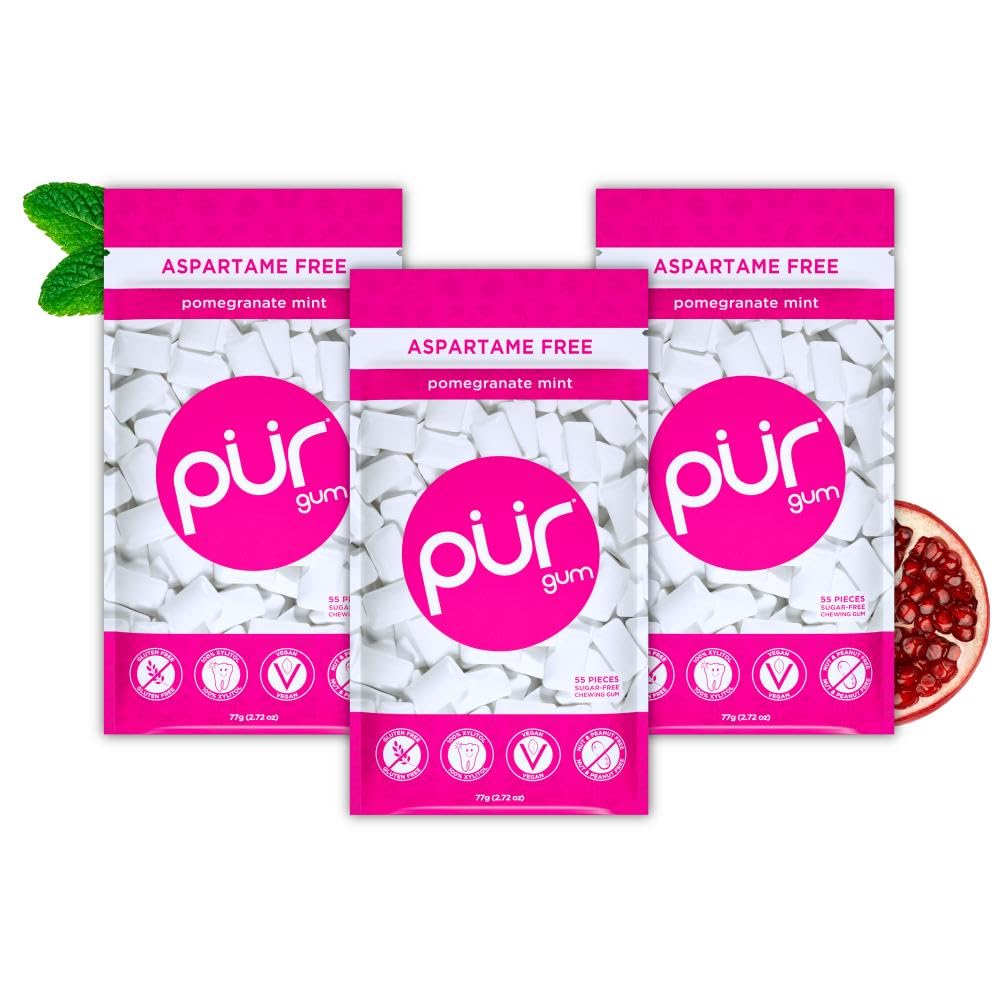 PUR Gum front packaging showing resealable 55-piece bag and branding freshness