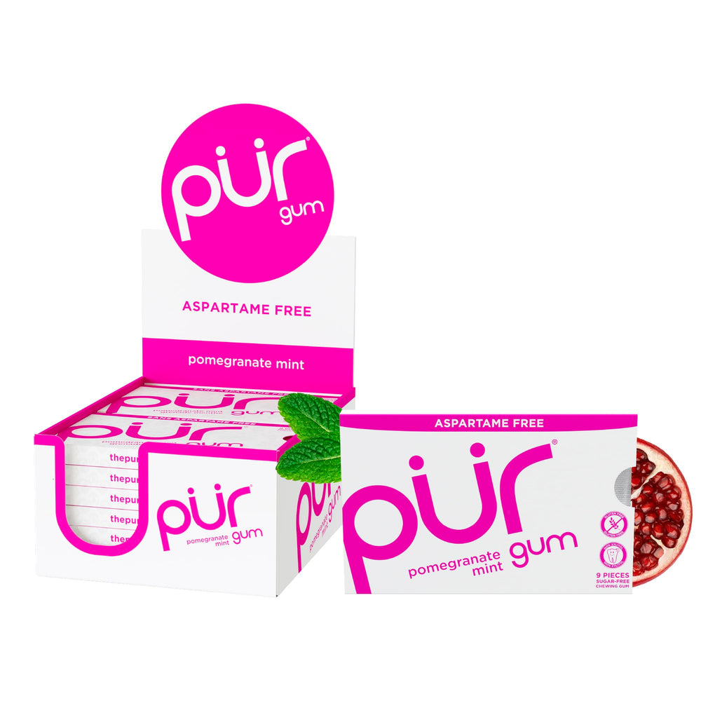 PUR Gum front packaging showing pomegranate mint flavor and 108 count benefit