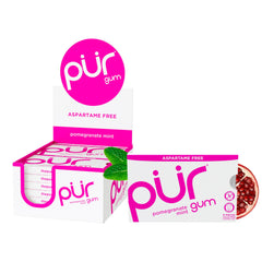 PUR Gum front packaging showing pomegranate mint flavor and 108 count benefit