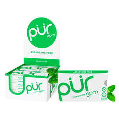 PUR Gum spearmint front packaging showing box and blister strips for easy storage