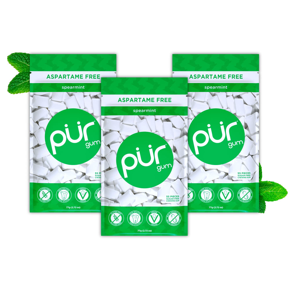 PUR Gum spearmint front packaging showing resealable bag and count for freshness