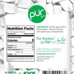 PUR Gum next to a coin illustrating compact 55-count pack size and portability