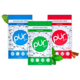 PUR Gum front packaging showing three resealable 55-piece bags and variety benefits
