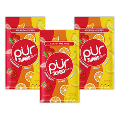 PUR Jumbo Gum front packaging showing three resealable bags and vibrant fruit art for easy selection