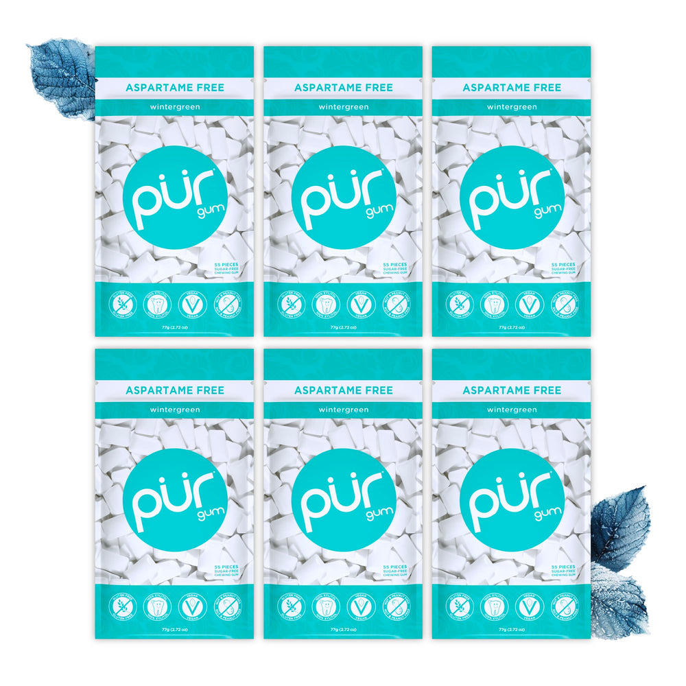 PUR Gum front packaging showing wintergreen bags and count for convenient freshness