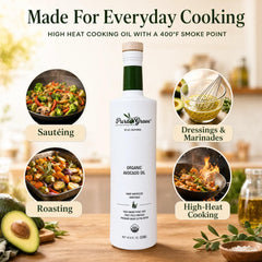 Pura Grove oil pouring from bottle capturing smooth flow for controlled cooking