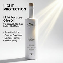 Pura Grove opaque glass detail protecting oil from light to extend freshness