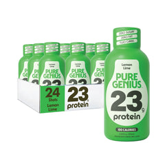 Pure Genius lemon lime front packaging shows bottle and branding, easy grab-and-go protein