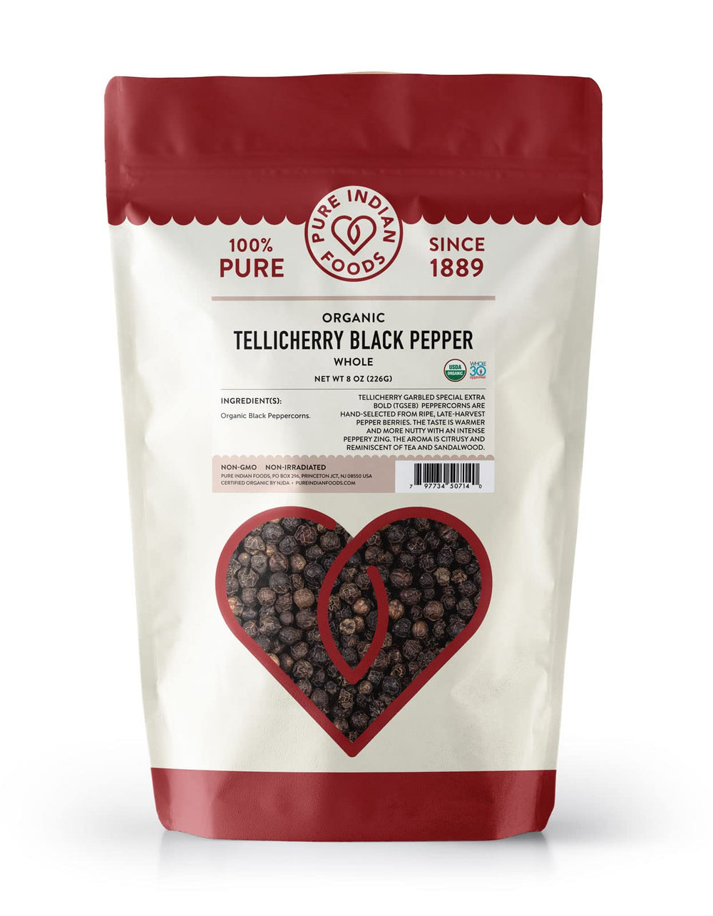 PURE INDIAN FOODS front packaging showing 8 oz resealable bag and product name