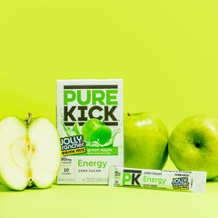 PURE KICK mixed drink in clear bottle demonstrating bright green-apple flavor and refreshing boost
