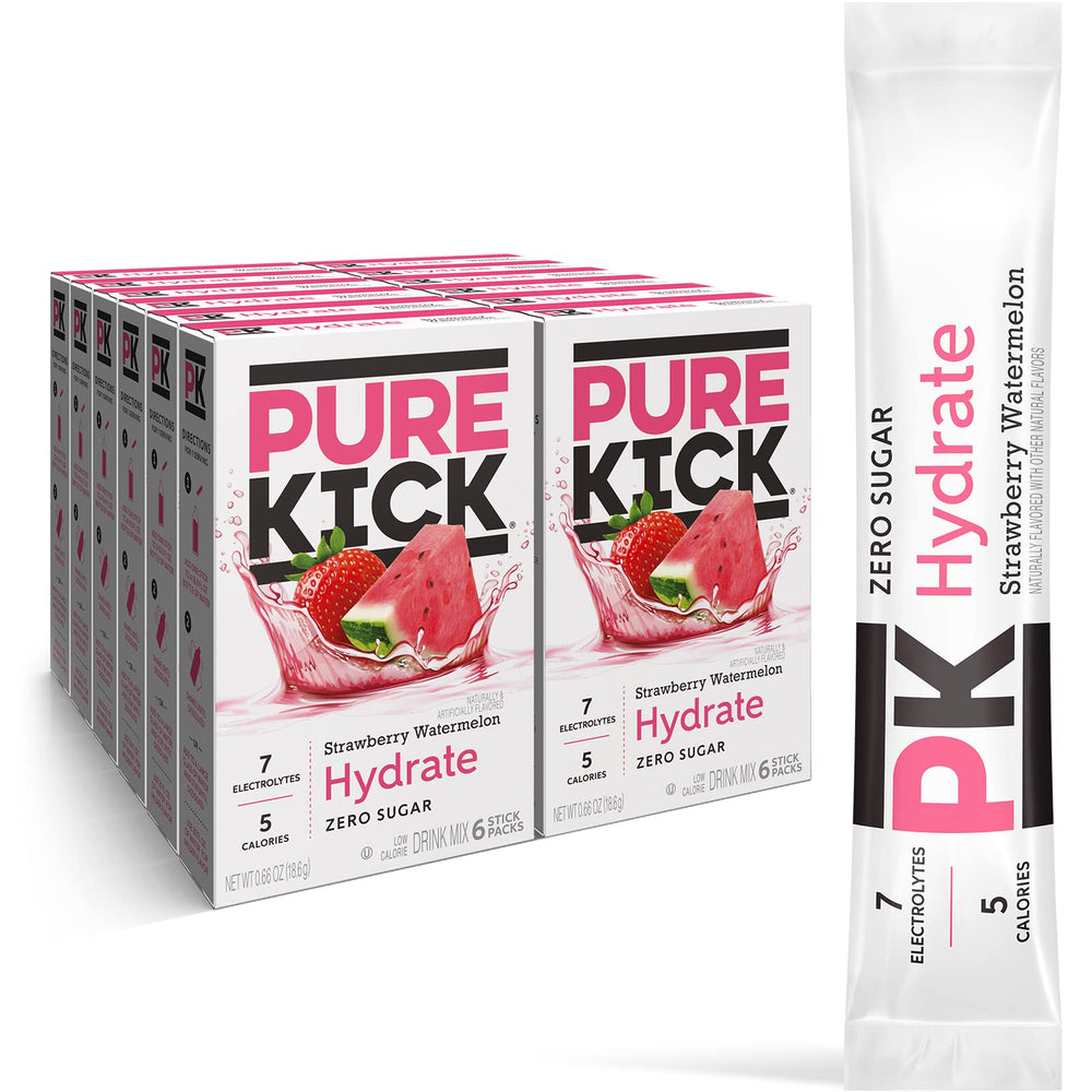 PURE KICK front packaging showing strawberry watermelon flavor and zero sugar benefit