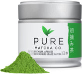 Pure Matcha Co front tin showing compact, airtight packaging and freshness benefit