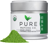 Pure Matcha tin front view showing brand and compact packaging for freshness