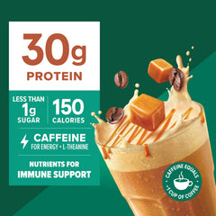 Pure Protein close-up label showing caramel macchiato branding and benefits clearly