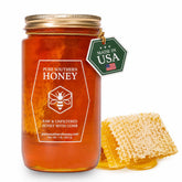 Pure Southern Honey front jar view showing honeycomb and clear amber honey benefit: authentic presentation