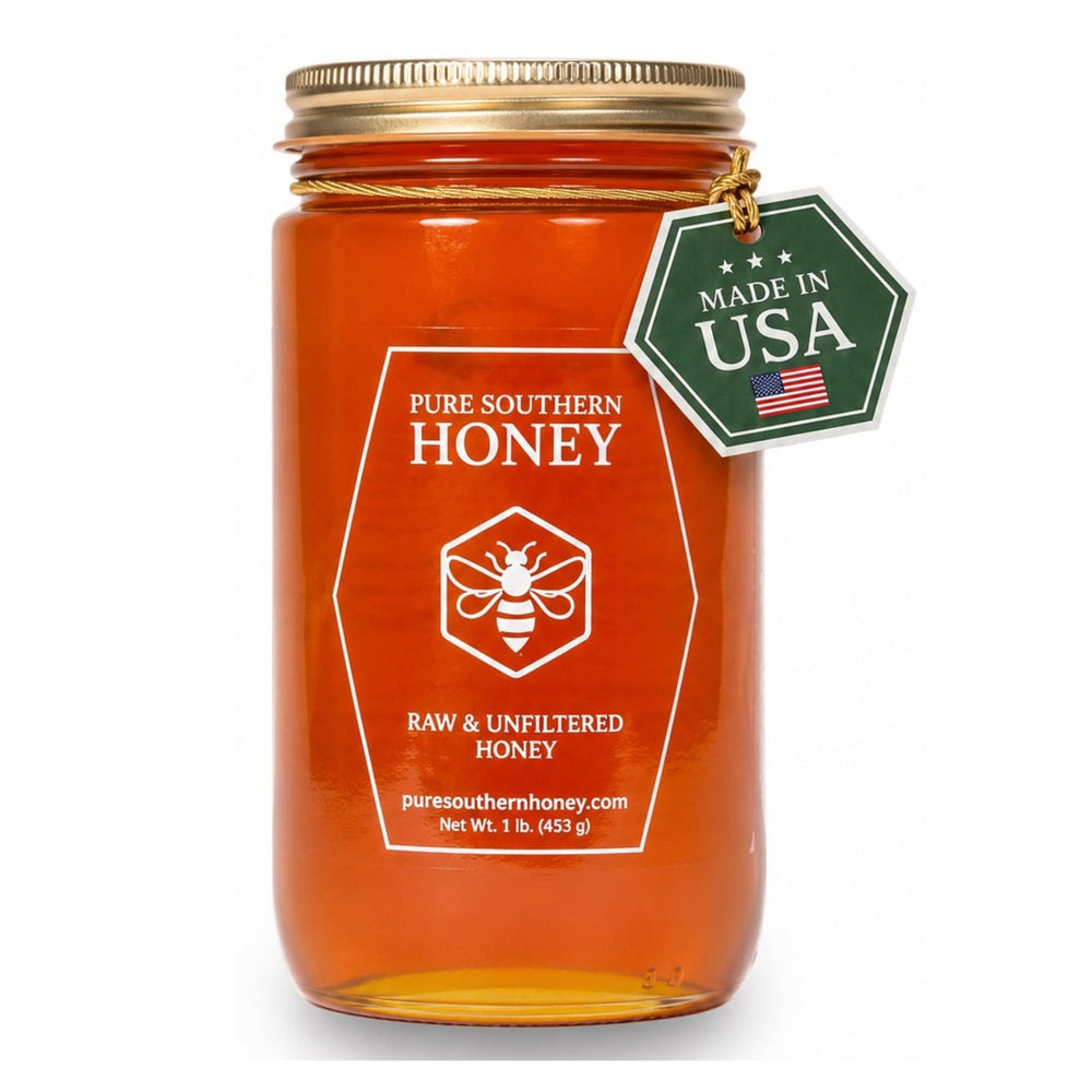 Pure Southern Honey front label on glass jar showcasing origin and quality