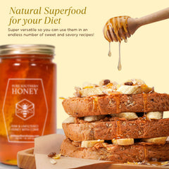 Pure Southern Honey label and jar on scale shows one-pound weight and handcrafted quality benefit