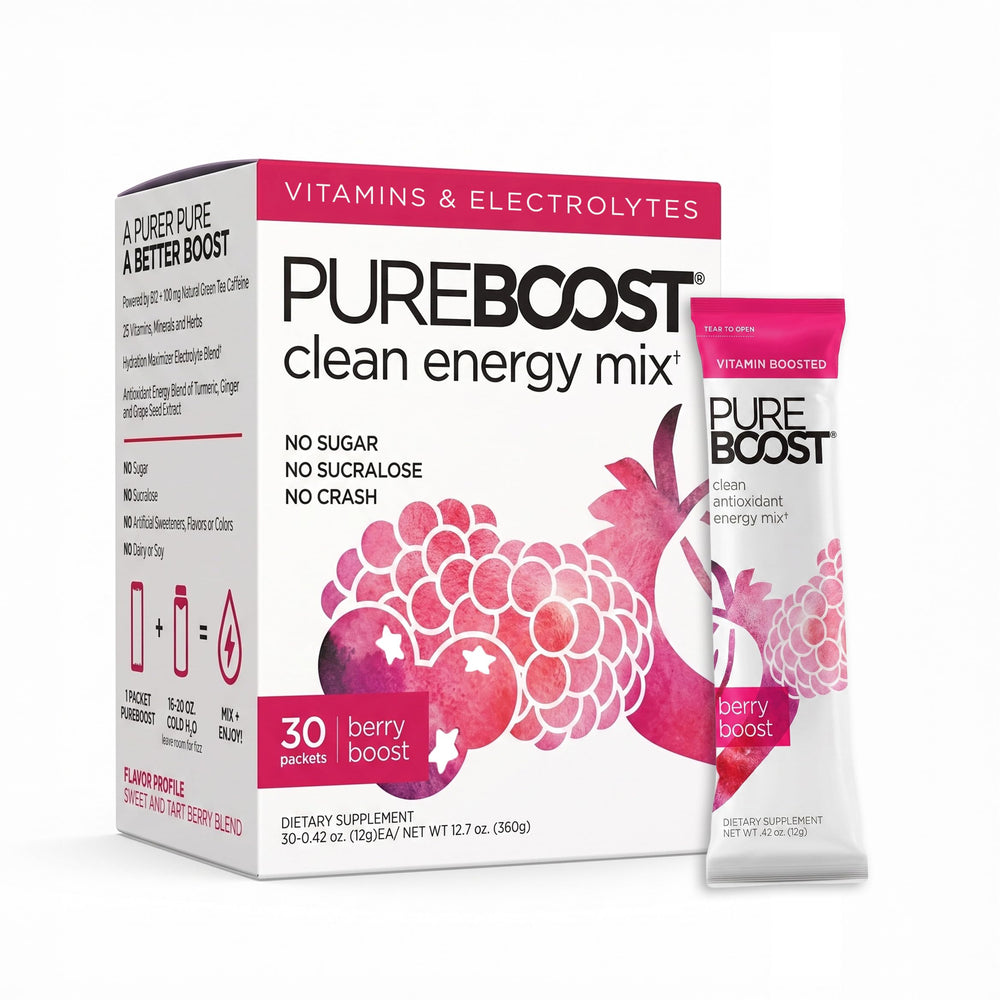 Pureboost box front view showing Berry Boost packaging and daily convenience