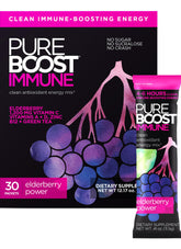 Pureboost elderberry front packaging showing 30 packets and benefits