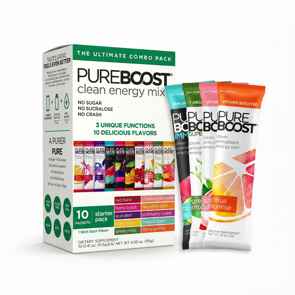Pureboost front box variety pack showing packets and branding for quick selection benefit