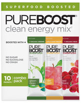 Pureboost front packaging combo pack showing colorful packets and branding benefit quick energy