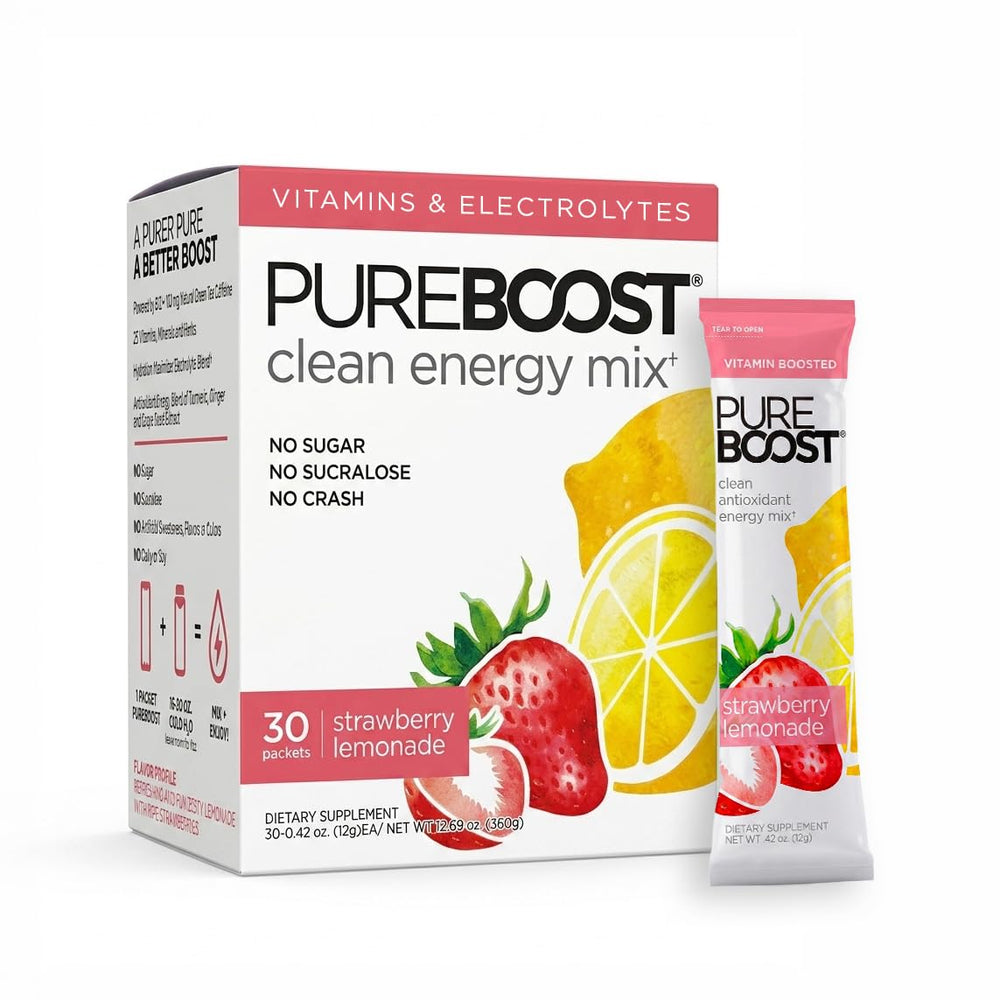 Pureboost front packaging showing strawberry lemonade and 30 packets benefit convenience
