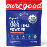 PureGood front pouch showing organic blue spirulina powder and label benefits