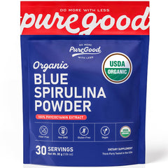 PureGood front pouch showing organic blue spirulina powder and label benefits