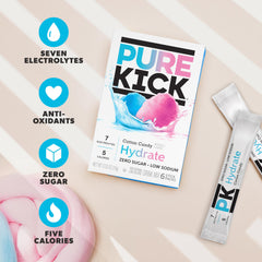 PURE KICK mixed in water bottle demonstrating vibrant cotton candy flavor boost