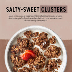 purely elizabeth open bag spilling granola to show cluster size and mix