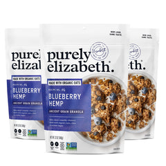 Purely Elizabeth front packaging showing blueberry hemp granola benefits