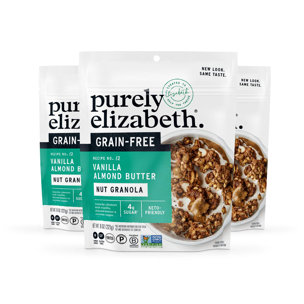 Purely Elizabeth front packaging showing vanilla almond butter granola and benefits