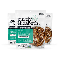 Purely Elizabeth front packaging showing vanilla almond butter granola and benefits