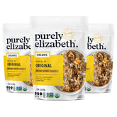 Purely Elizabeth front packaging showing three 12 oz bags and clear branding for pantry convenience